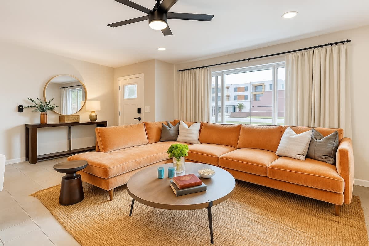 Home 2: Bright open floor living space featuring a smart flat-screen TV, and designer furnishings.