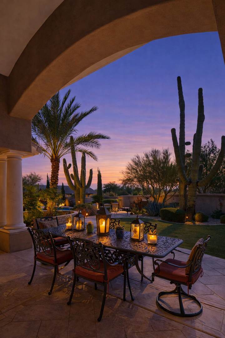 Resort-Style desert landscape backyard featuring the covered patio outdoor dining.