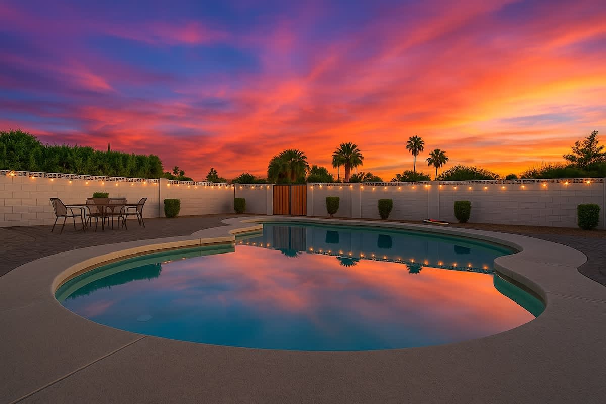 Spacious private backyard oasis featuring a sparkling pool, patio seating and lounging area, string lights, and yard games including giant Jenga, Connect 4, and cornhole, perfect for relaxing and enjo