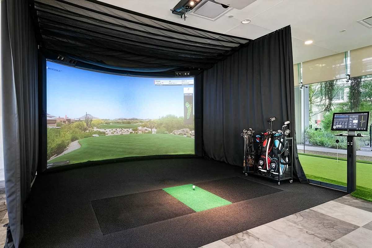 Communal Area: Gym, yoga studio, basketball court, and golf simulator, offering a wide range of workout equipment and entertainment options