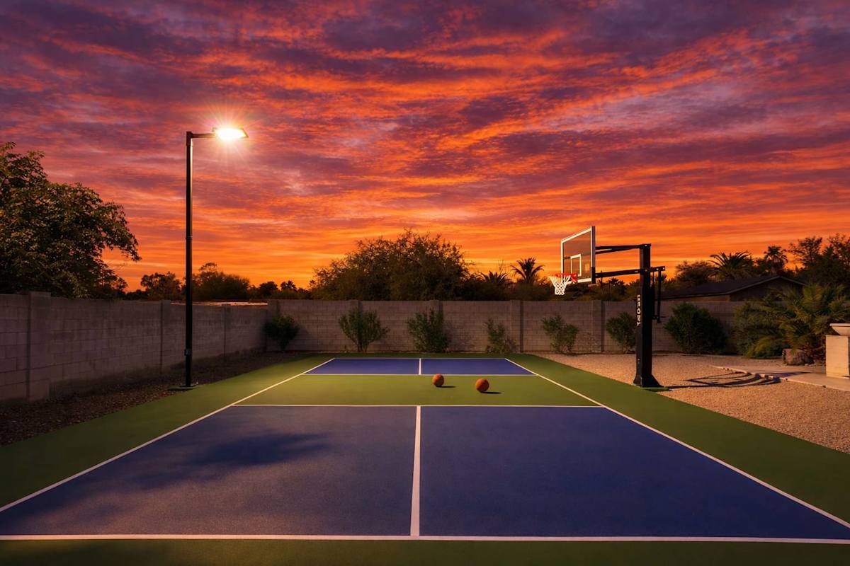 Backyard Resort featuring a sparkling blue oasis and spa, BBQ grill, Covered Patio w/ Outdoor Dining, fire pit and a Sports Court!