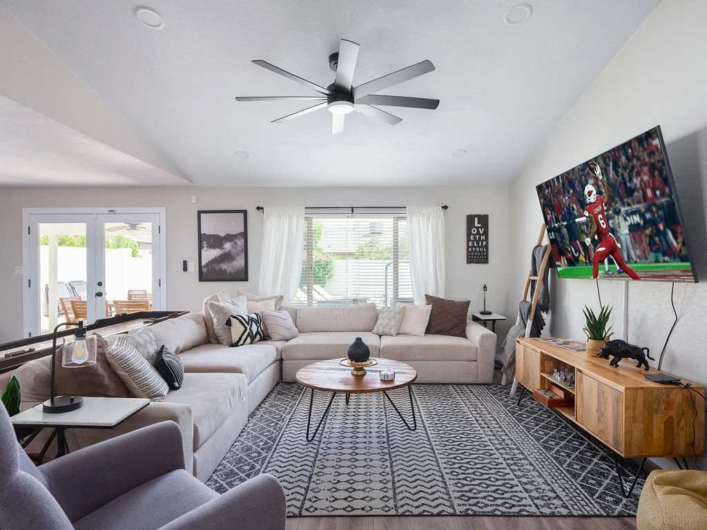 Cozy open spaced living room with smart tv